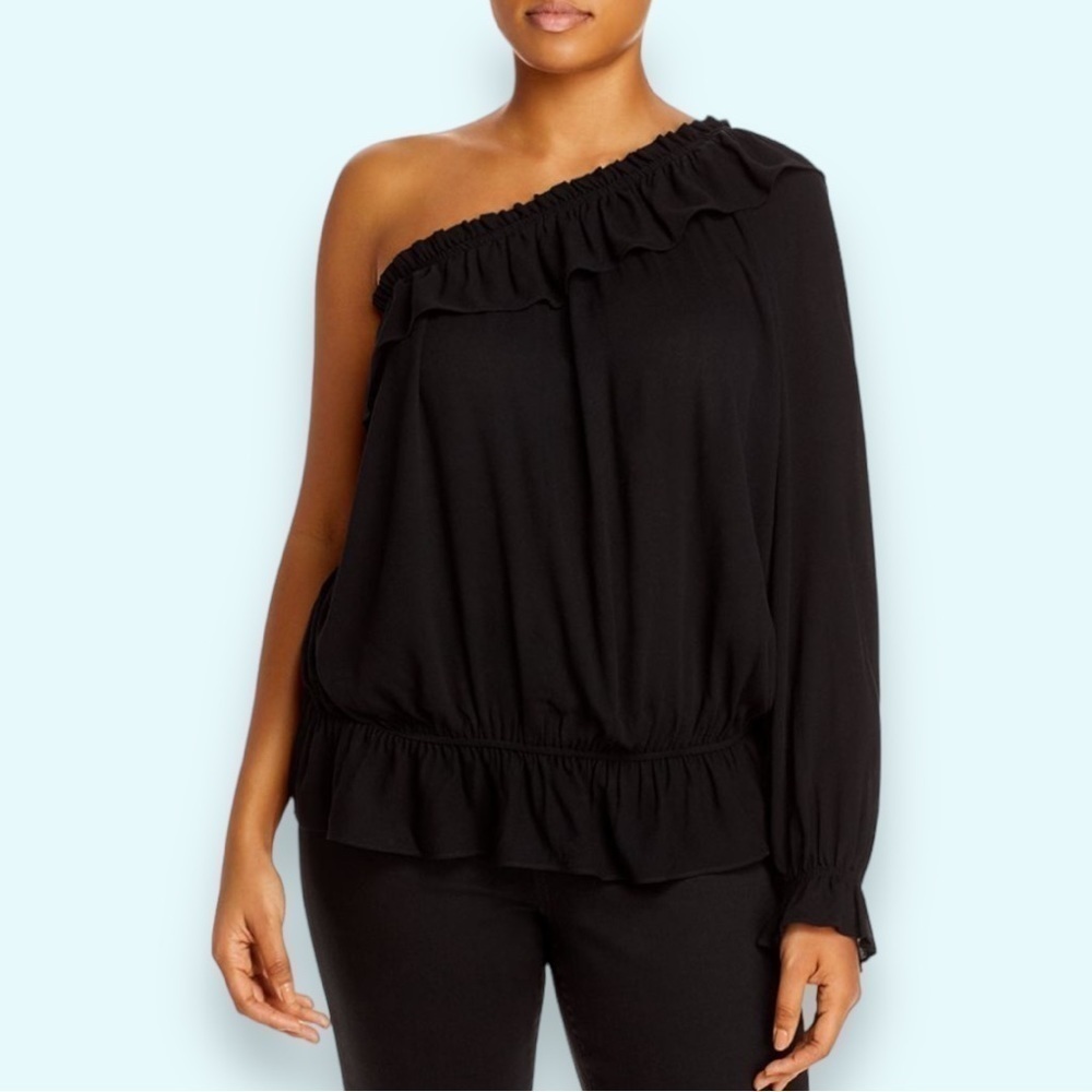 Aqua Curve Ruffled One-Shoulder Top, Black, Size 2X